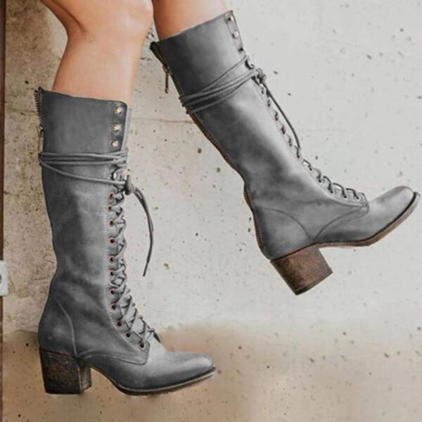 Women's knee high combat boots retro square block heel lace-up boots - Image 6