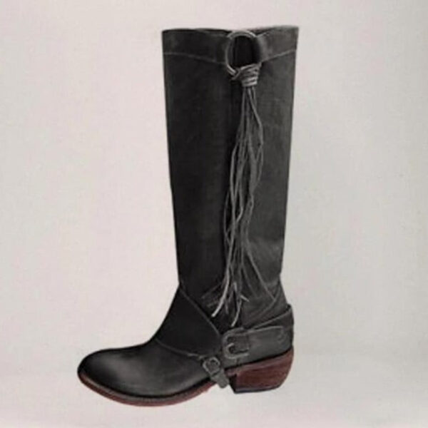 Women's knee high fringe boots low heel biker boots with tassels - Image 3