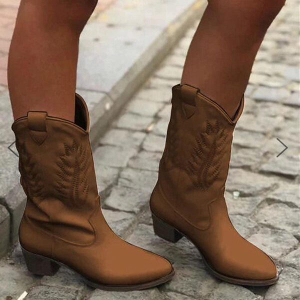 Women's mid calf cowboy boots retro pointed toe short western boots - Image 3