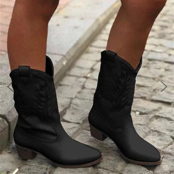 Women's mid calf cowboy boots retro pointed toe short western boots - Image 2