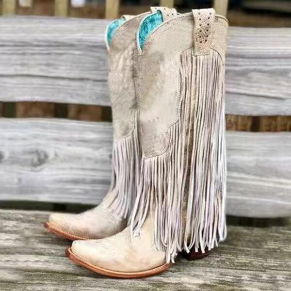 Women's knee high fringe boots pointed toe retro cowboy boots with tassels - Image 2