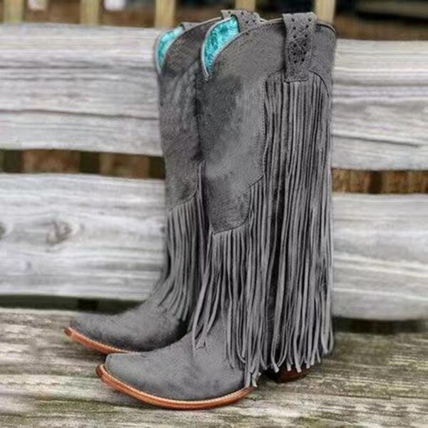 Women's knee high fringe boots pointed toe retro cowboy boots with tassels - Image 3