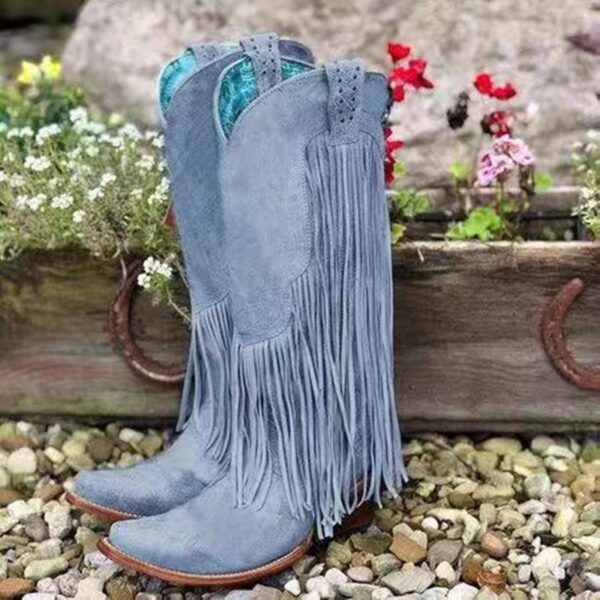 Women's knee high fringe boots pointed toe retro cowboy boots with tassels - Image 4