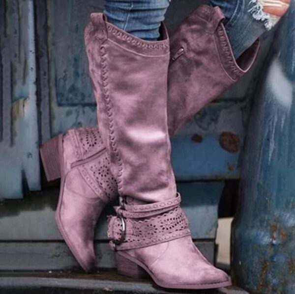 Women's knee high cowboy boots pointed toe square heel boots - Image 4