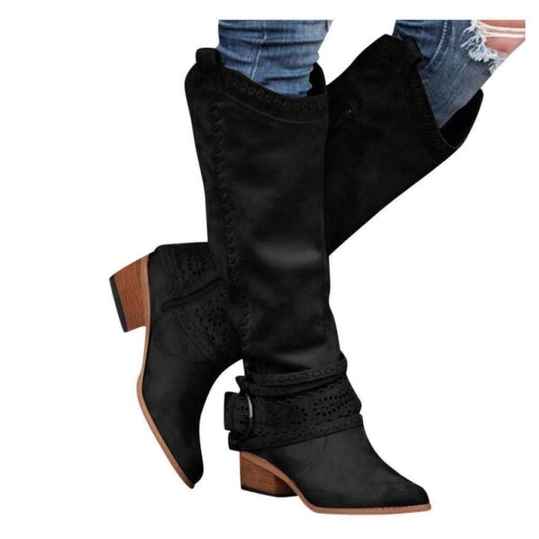 Women's knee high cowboy boots pointed toe square heel boots - Image 2