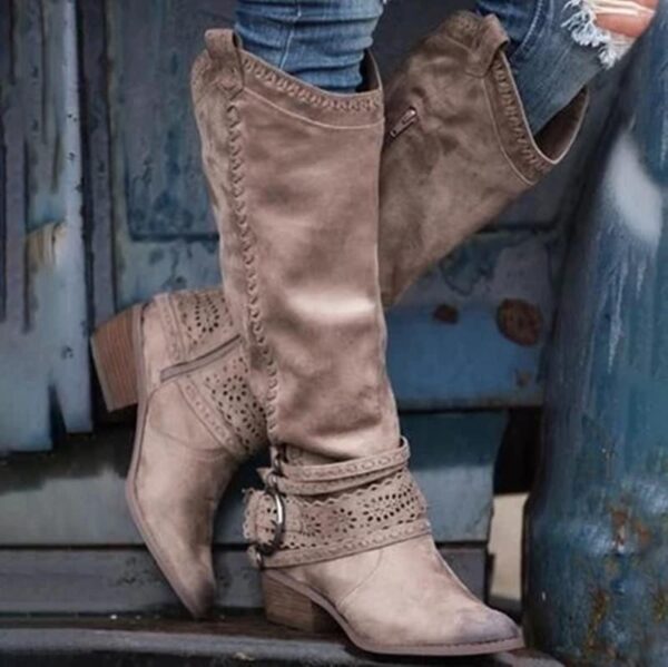 Women's knee high cowboy boots pointed toe square heel boots - Image 5