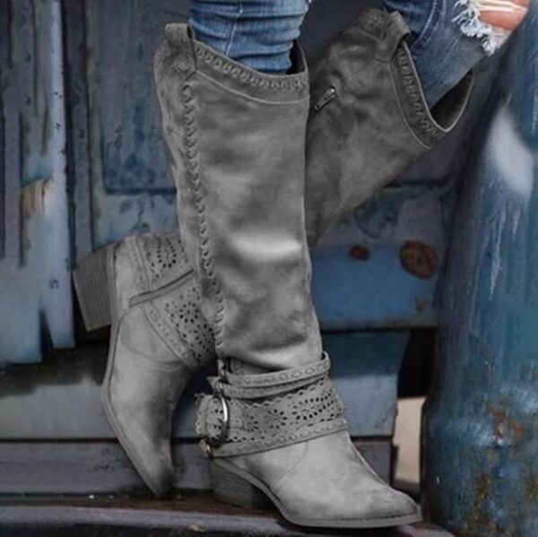 Women's knee high cowboy boots pointed toe square heel boots - Image 3