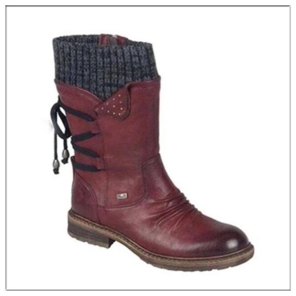 Women's sweater cuff snow boots mid calf zipper low heel back lace-up boots - Image 9