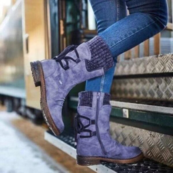 Women's sweater cuff snow boots mid calf zipper low heel back lace-up boots - Image 4