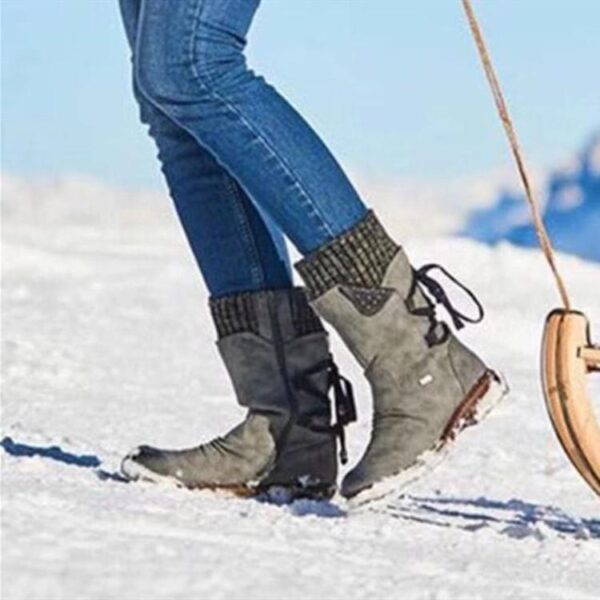 Women's sweater cuff snow boots mid calf zipper low heel back lace-up boots - Image 16