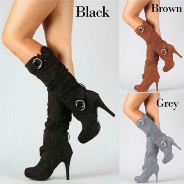 Women's stiletto high knee high boots  buckle strap heeled boots - Image 6