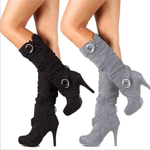 Women's stiletto high knee high boots  buckle strap heeled boots - Image 4