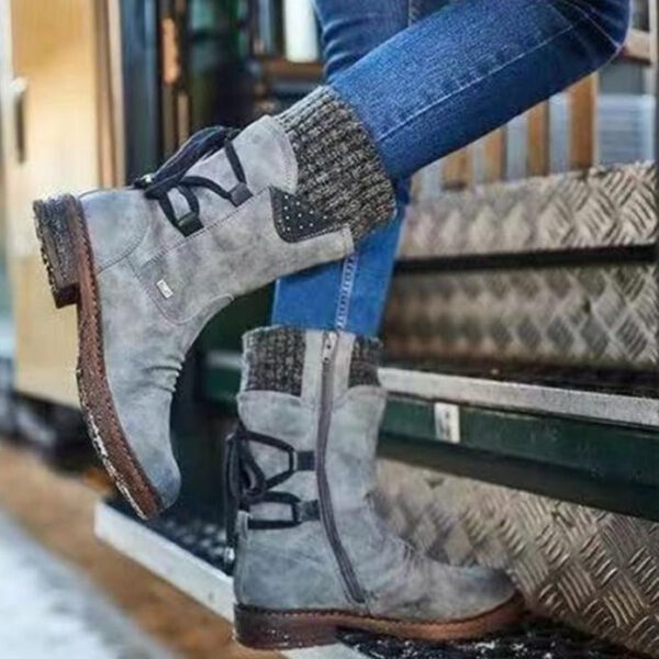 Women's sweater cuff snow boots mid calf zipper low heel back lace-up boots - Image 13