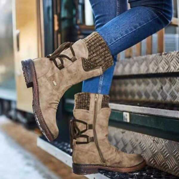 Women's sweater cuff snow boots mid calf zipper low heel back lace-up boots - Image 11
