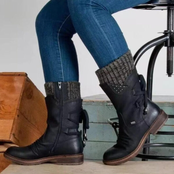 Women's sweater cuff snow boots mid calf zipper low heel back lace-up boots - Image 8