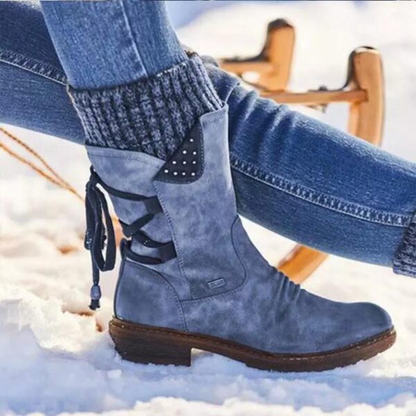 Women's sweater cuff snow boots mid calf zipper low heel back lace-up boots - Image 2