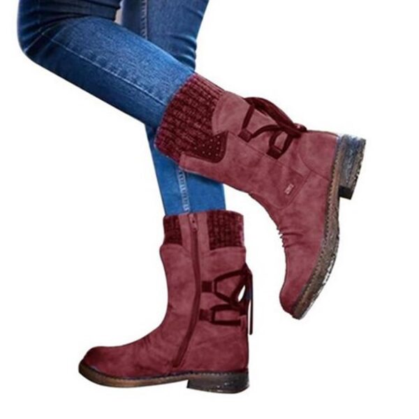 Women's sweater cuff snow boots mid calf zipper low heel back lace-up boots - Image 10