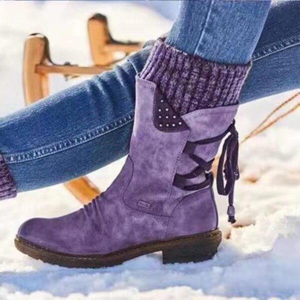 Women's sweater cuff snow boots mid calf zipper low heel back lace-up boots - Image 6