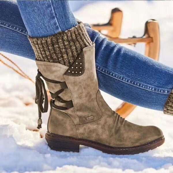Women's sweater cuff snow boots mid calf zipper low heel back lace-up boots - Image 12