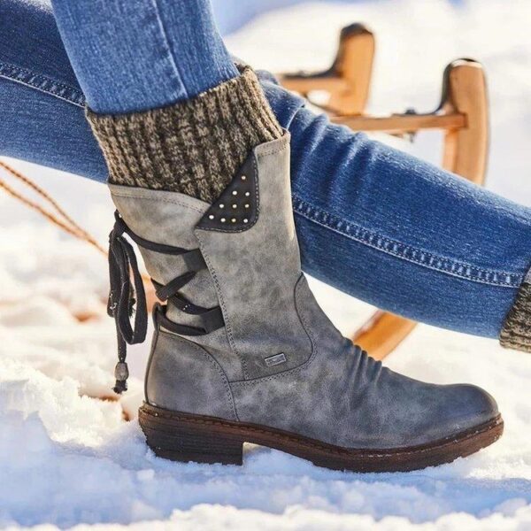 Women's sweater cuff snow boots mid calf zipper low heel back lace-up boots - Image 14