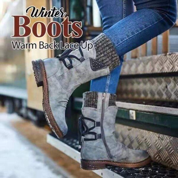 Women's sweater cuff snow boots mid calf zipper low heel back lace-up boots - Image 15