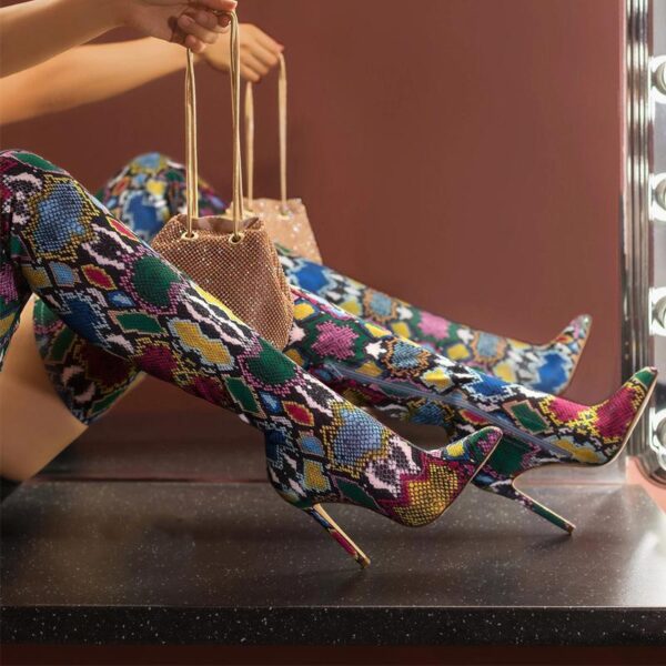 Women snakeskin stiletto high heel pointed toe thigh high boots - Image 2