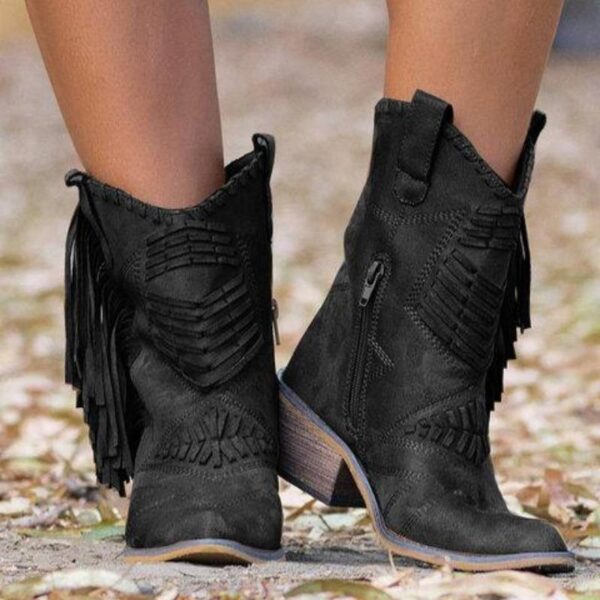 Western Pointed Toe Chunky Heel High Cut Side Zipper Women Fringe Boots - Image 2