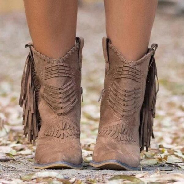 Western Pointed Toe Chunky Heel High Cut Side Zipper Women Fringe Boots - Image 3
