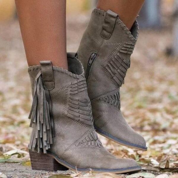 Western Pointed Toe Chunky Heel High Cut Side Zipper Women Fringe Boots - Image 4