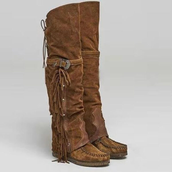 Women Flat Heel Over The Knee Buckle Strap Studded Fringe Boots - Image 6
