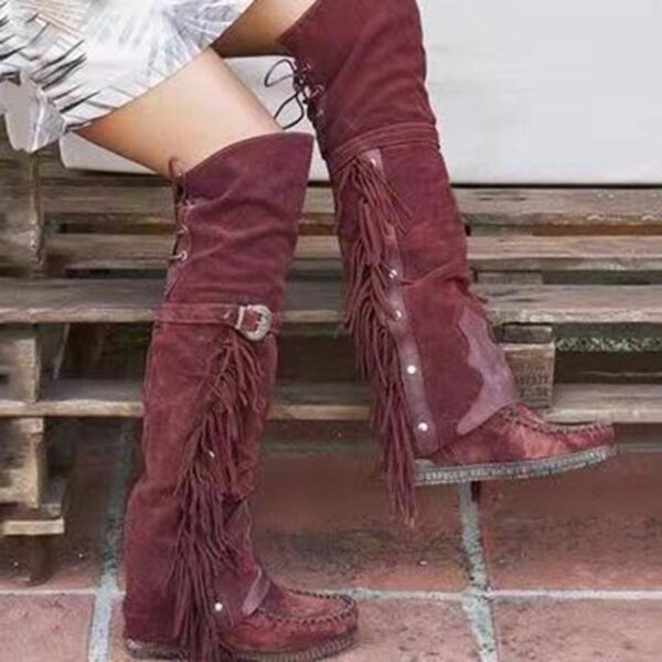 Women Flat Heel Over The Knee Buckle Strap Studded Fringe Boots - Image 3