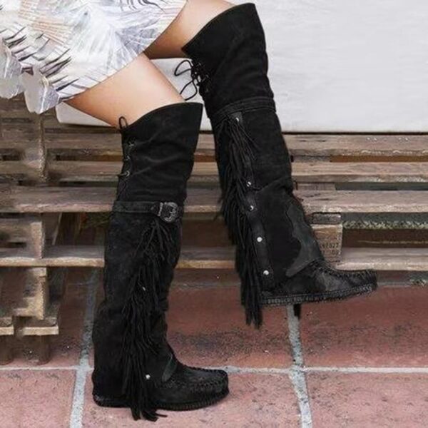 Women Flat Heel Over The Knee Buckle Strap Studded Fringe Boots - Image 2