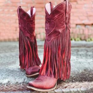 Mid calf fringed cowboy boots vintage pointed toe block heel boots retro western boots for women