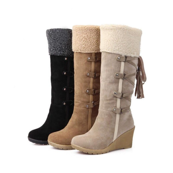 Women Fringe Wedge Heel Winter Snow Fuzzy Lining Keep Warm Back Lace Up Fur Boots - Image 3