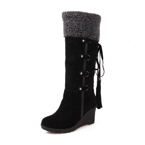 Women Fringe Wedge Heel Winter Snow Fuzzy Lining Keep Warm Back Lace Up Fur Boots - Image 5
