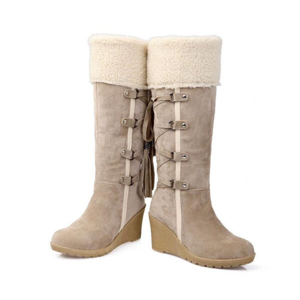 Women Fringe Wedge Heel Winter Snow Fuzzy Lining Keep Warm Back Lace Up Fur Boots - Image 12