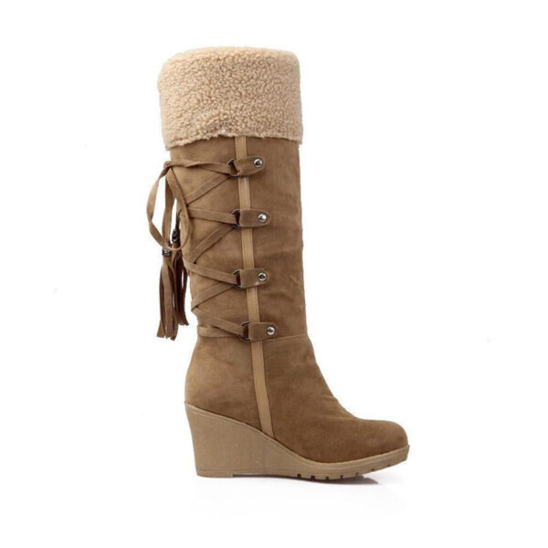 Women Fringe Wedge Heel Winter Snow Fuzzy Lining Keep Warm Back Lace Up Fur Boots - Image 9