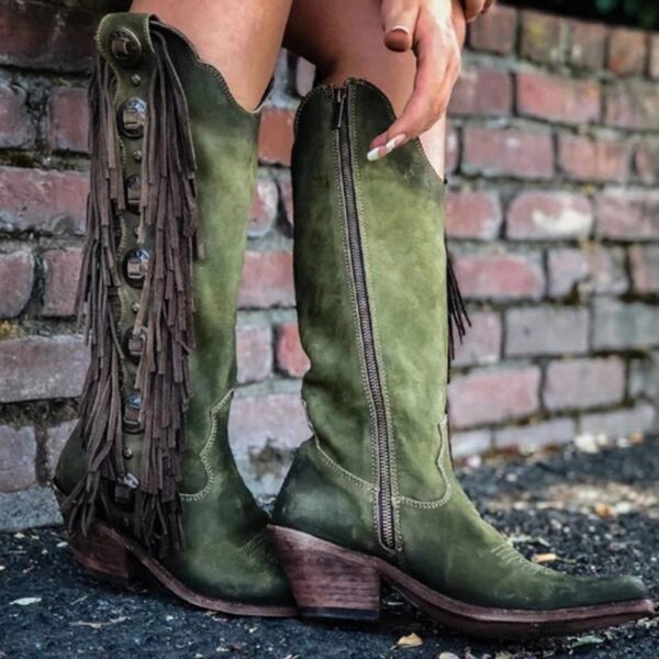 Knee high fringed cowboy boots retro western boots for women vintage block heel boots - Image 6
