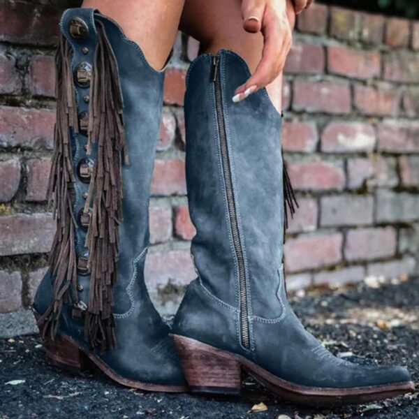 Knee high fringed cowboy boots retro western boots for women vintage block heel boots - Image 4