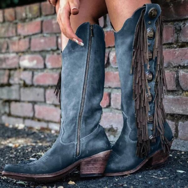Knee high fringed cowboy boots retro western boots for women vintage block heel boots - Image 5