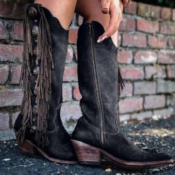 Knee high fringed cowboy boots retro western boots for women vintage block heel boots - Image 2