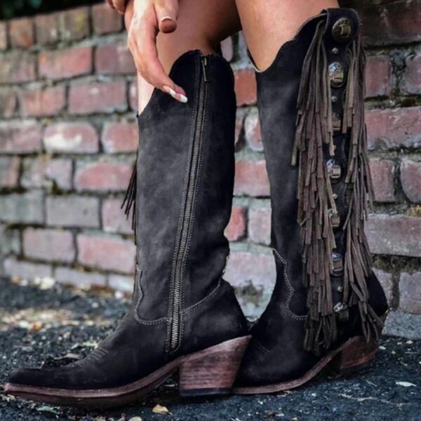Knee high fringed cowboy boots retro western boots for women vintage block heel boots - Image 3