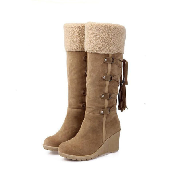 Women Fringe Wedge Heel Winter Snow Fuzzy Lining Keep Warm Back Lace Up Fur Boots - Image 10