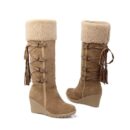 Women Fringe Wedge Heel Winter Snow Fuzzy Lining Keep Warm Back Lace Up Fur Boots