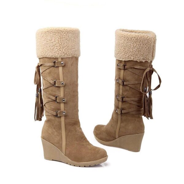 Women Fringe Wedge Heel Winter Snow Fuzzy Lining Keep Warm Back Lace Up Fur Boots - Image 11