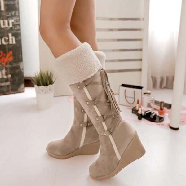 Women Fringe Wedge Heel Winter Snow Fuzzy Lining Keep Warm Back Lace Up Fur Boots - Image 2