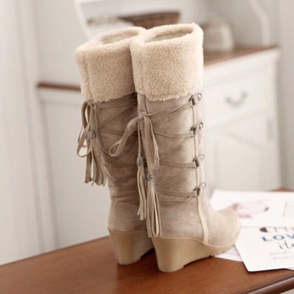Women Fringe Wedge Heel Winter Snow Fuzzy Lining Keep Warm Back Lace Up Fur Boots - Image 13
