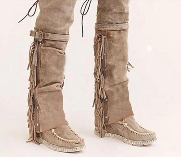 Women Flat Heel Over The Knee Buckle Strap Studded Fringe Boots - Image 5