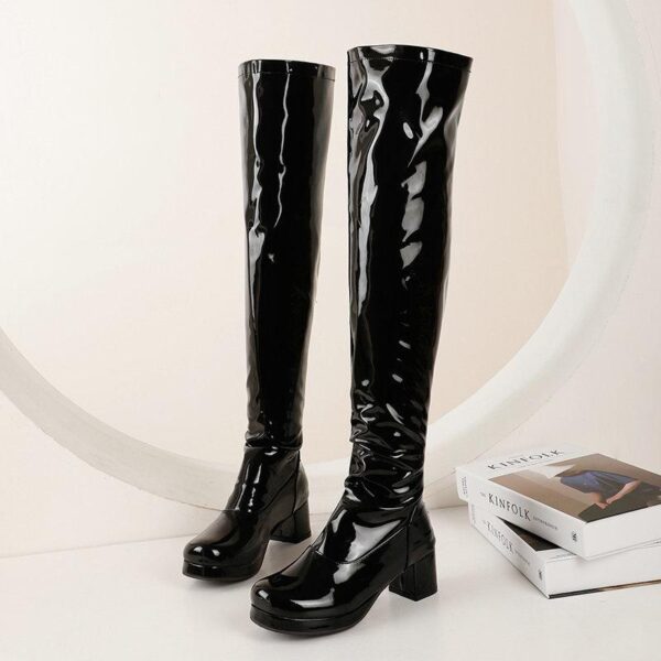 Women chunky heel platform solid color over the knee high boots - Image 7