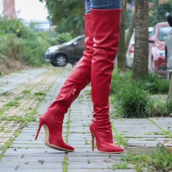 Women's heeled skinny elastic thigh high pointed toe boots sexy tall boots - Image 12